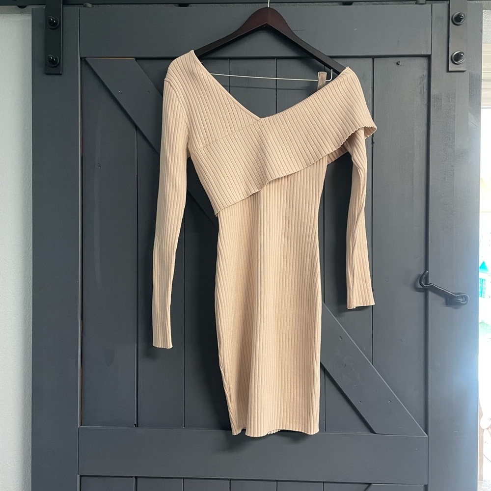 bebe One-Shoulder Ribbed Knit Dress in Beige